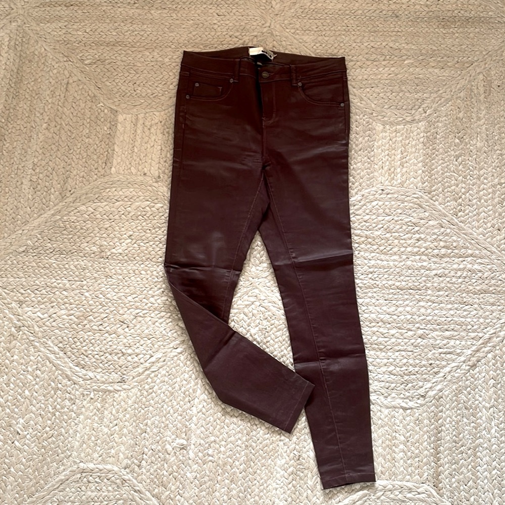Topshop Moto Burgundy Wine High Rise Wax Coated ‘leather’ skinny jeans, size 30